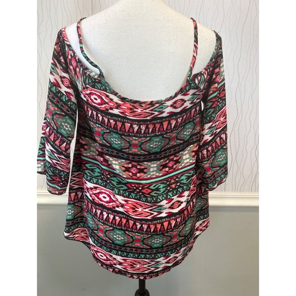 Boho Cold Shoulder Aztec Print Blouse Top Multicolor Pink Green Size M - Picture 2 of 7